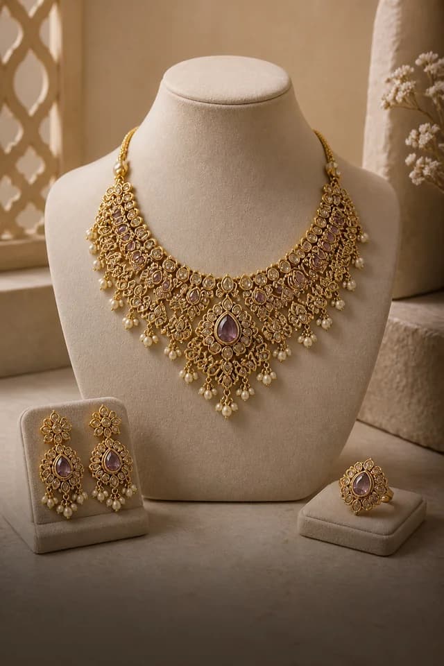 Indian bridal gold necklace, earrings, and ring arranged in a premium jewellery display